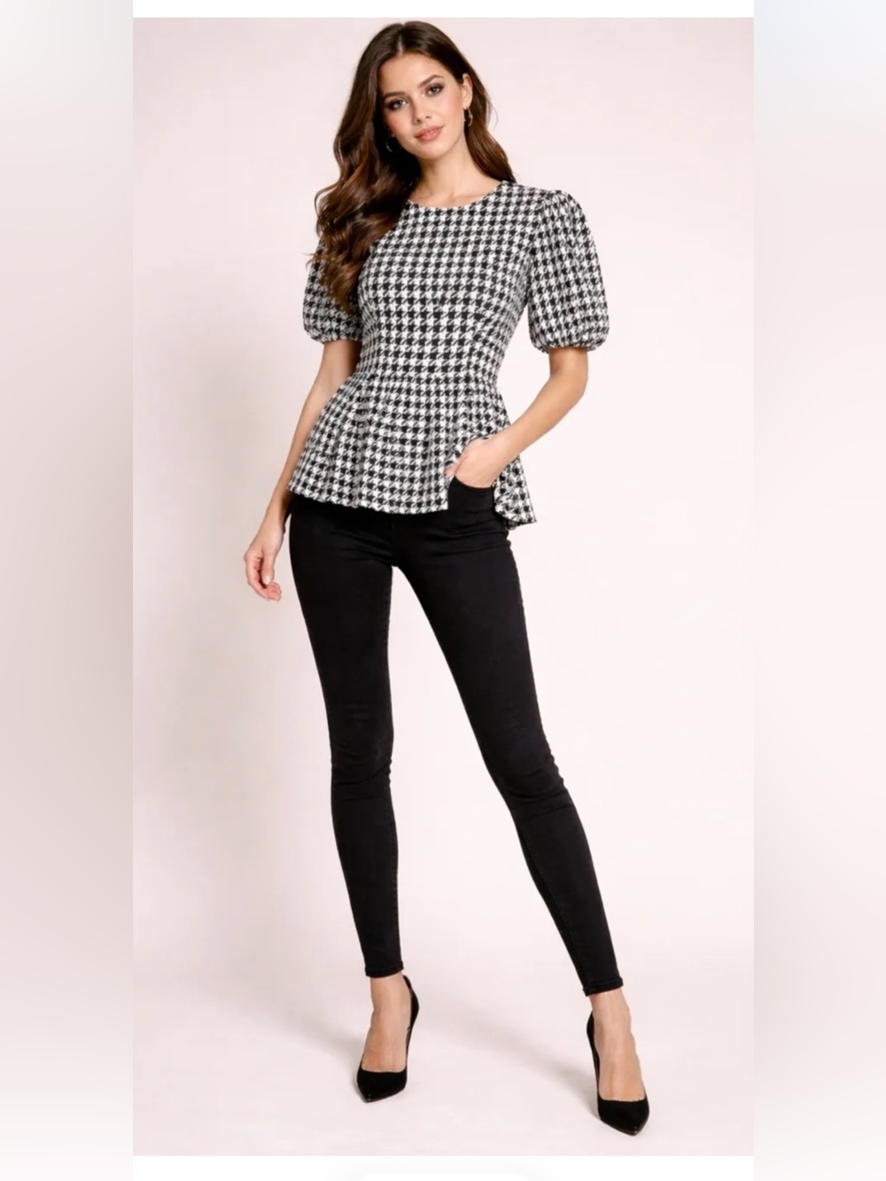 Houndstooth Peplum Puff Sleeve Top Pleated Waist